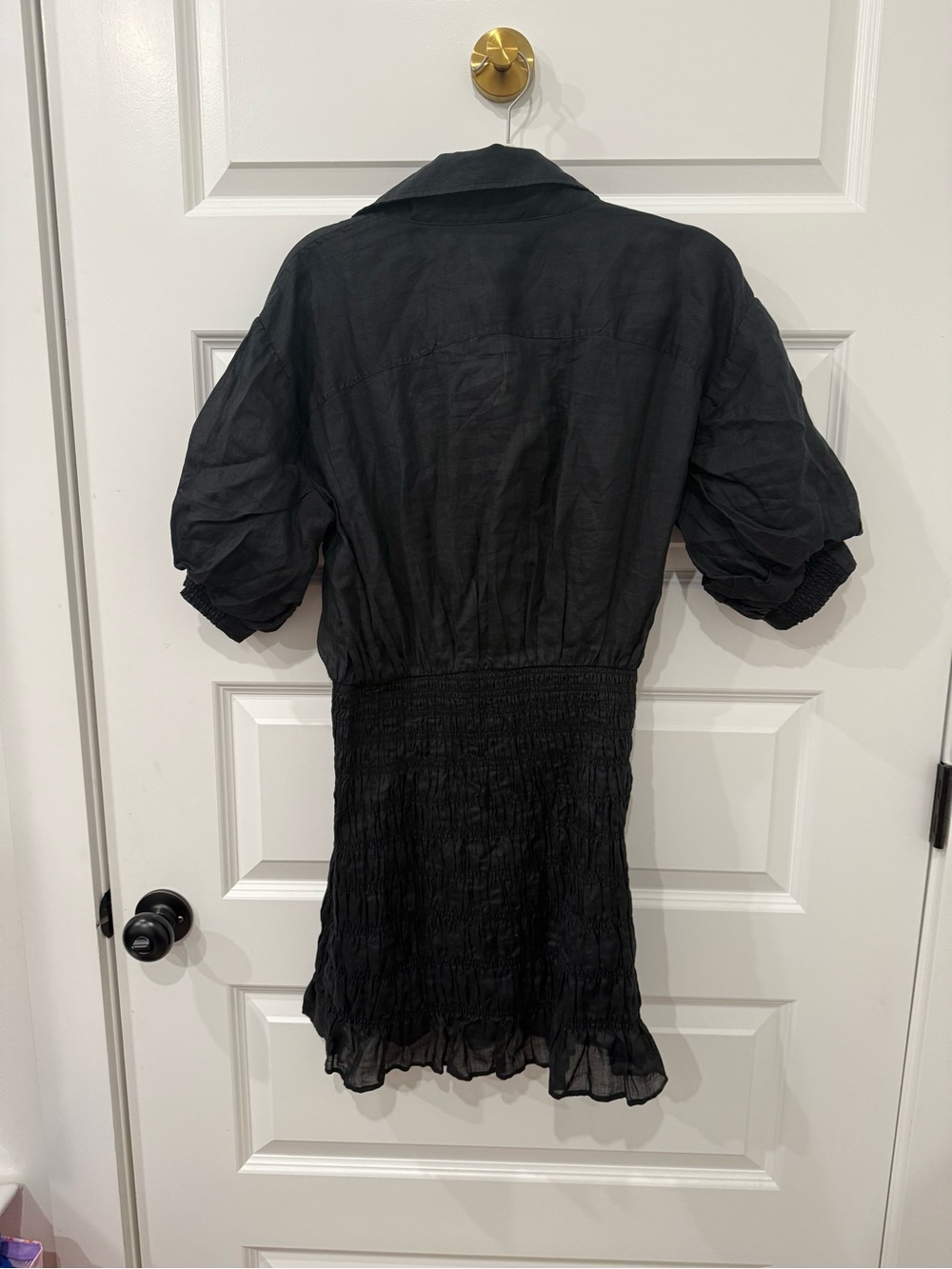 FRAME Le Drop Waist Smocked Linen Mini Shirt Dress Washed Black - Picture 6 of 8